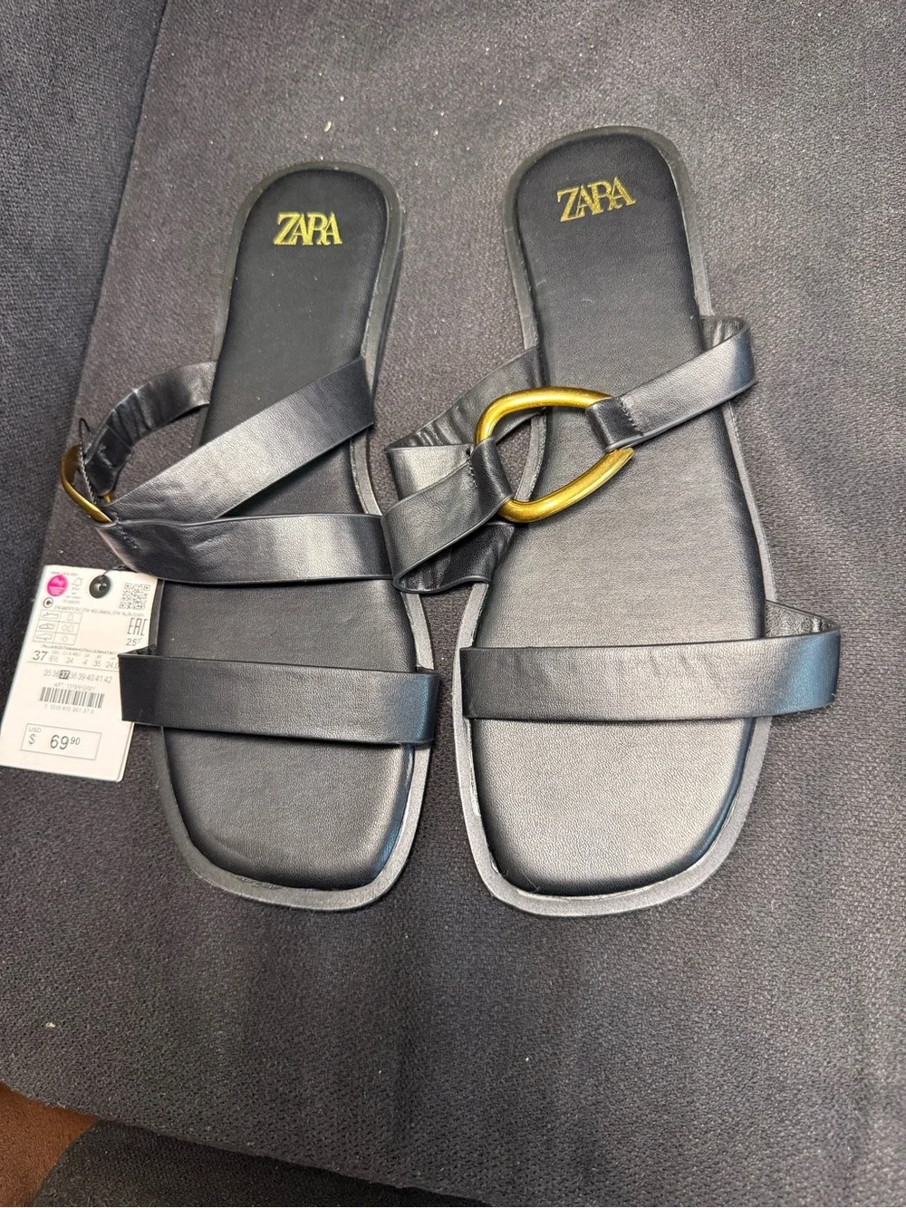 Zara Black Slide Sandals with Gold Oval Ring